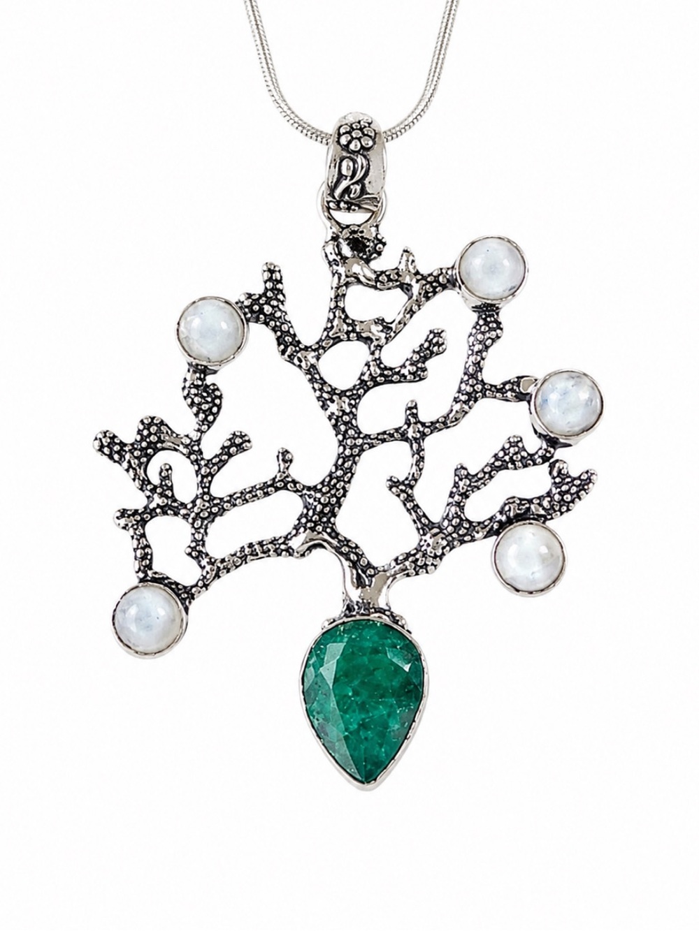 Silver Plated Green Emerald & Moonstone Coral Statement Necklace
